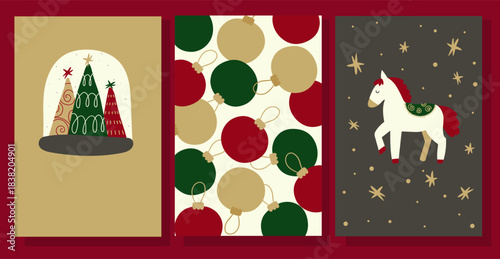 Christmas background in vector. Elements: horse, stars, snowflakes, hanging balls, and Christmas trees in red, green, and gold. Design for a flyer or greeting card.