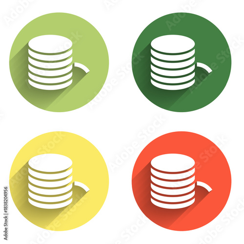 Set Plastic filament for 3D printing icon isolated with long shadow background. Color circle button. Vector