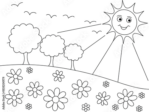 Cheerful cartoon sun shining on trees and flowers in a field Keywords: sun, cartoon, happy, smiling, nature, outdoors, daytime