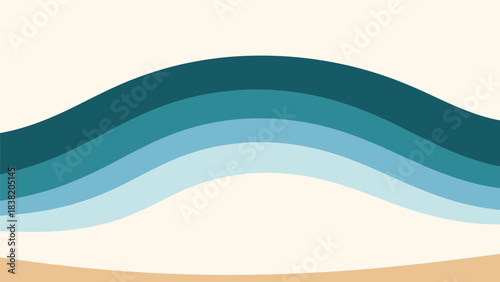 A minimalist graphic illustration depicting layered blue ocean waves over a sandy beach, with a serene and calm aesthetic.