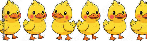 Cute yellow duckling cartoon character set in different standing poses for kids nursery illustration, spring decoration and playful pattern design