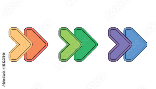 Three pairs of rounded chevron arrows in orange green and purple pointing right on white background direction