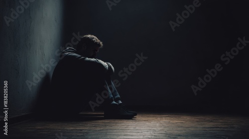 Solitary alone sad man sitting on floor in darkness. Concept of depression, sadness, and emotional pain. Mental health awareness and support. Social phobia, anxiety, fear, illness. Panic attack issue.