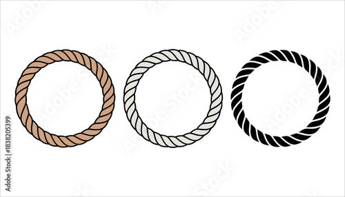 Three twisted rope circles in brown white and black isolated on white background circular rope brown rope