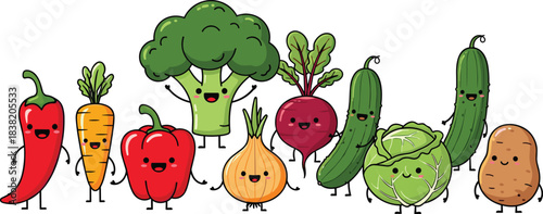 Cute cartoon vegetable character set with smiling broccoli, carrot, pepper, beet, onion, cucumber and cabbage for kids healthy food illustration