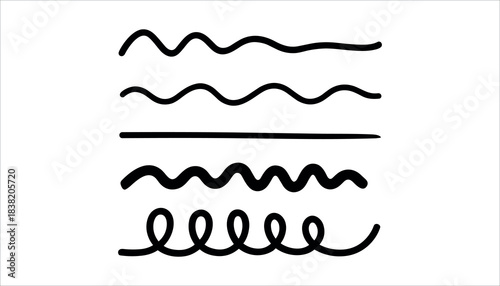 Five black hand drawn lines wavy straight and coiled on white background spiral