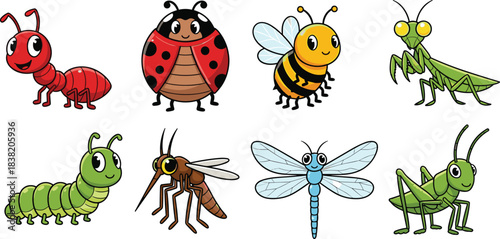 Cute cartoon insect character set with ant, ladybug, bee, mantis, dragonfly and grasshopper for kids education and nature design