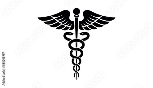Black caduceus symbol with winged staff and two intertwined snakes on white background medical symbol