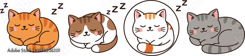 Cute sleeping cat characters set in different curled poses showing cozy nap time for kids, nursery, stickers and kawaii design