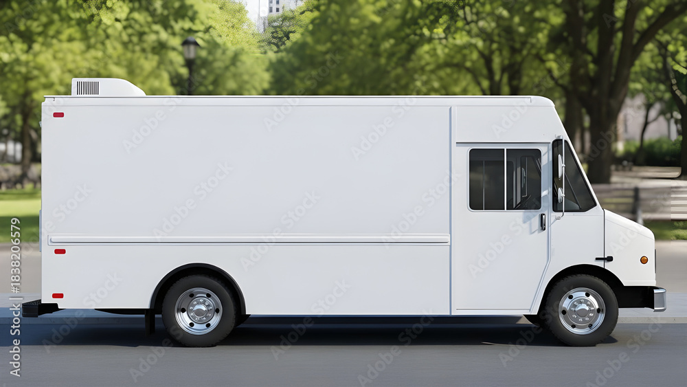 Naklejka premium A clean white delivery truck with a refrigerated unit parked on a paved surface outdoors