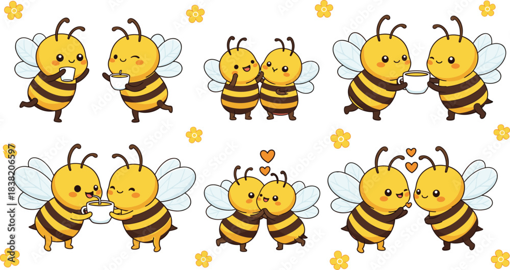 Fototapeta premium Cute cartoon bee character set showing love, friendship and tea drinking moments for kids stickers and valentine design