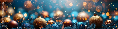 Panoramic Christmas Baubles Decoration with Bokeh Lights and Festive Atmosphere
