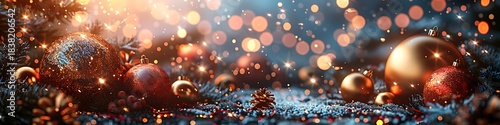 Panoramic Christmas Ornaments and Bokeh Lights - Festive Holiday Celebration