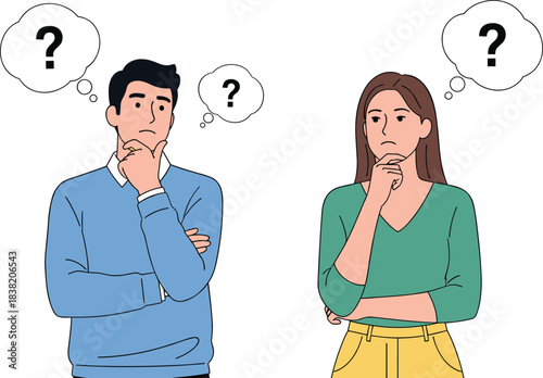 Confused man and woman thinking with question marks showing doubt, problem solving, decision making concept in modern flat illustration