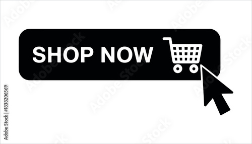 Black rounded rectangle button with white text S H O P N O W and shopping cart icon with a cursor arrow pointing at it