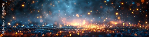 Panoramic view of magical glowing bokeh lights, creating an ethereal and dreamy atmosphere with warm orange and cool blue tones