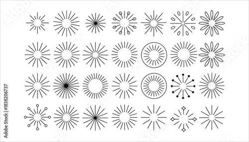 Collection of Black Outline Sunburst Starburst Bursting Star Shapes and Radial Lines on White Background