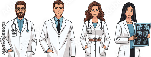 Medical doctors and healthcare professionals group illustration with male and female physicians wearing lab coats holding stethoscope and x ray report