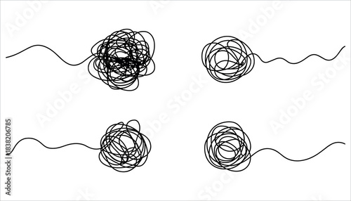 Four black scribbled lines with wavy beginnings and ends on white background abstract chaos