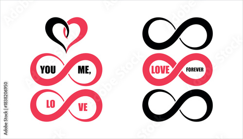 Black and red infinity symbols with text You Me Love Forever and heart graphic vector
