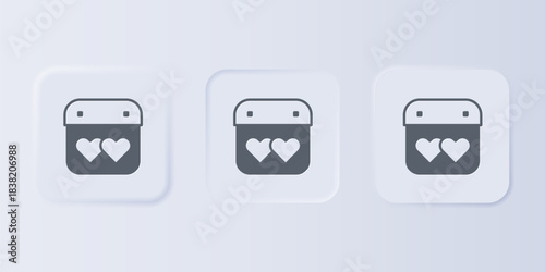 Grey Calendar with heart icon isolated on grey background. Valentines day. Love symbol. February 14. Set icons in square buttons. Vector