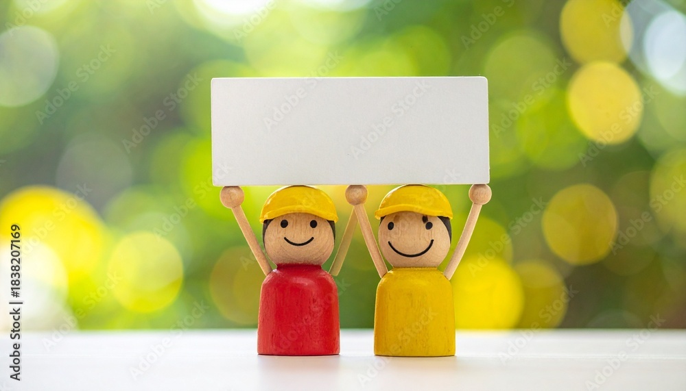 Obraz premium Two Happy Worker Figures Holding Blank White Sign against Green Bokeh Background