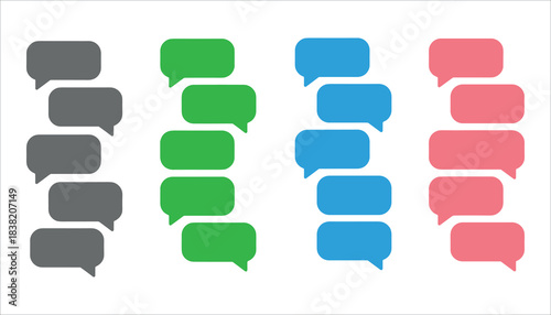 Four columns of stacked rounded rectangular speech bubbles in grey green blue and pink chat bubble message bubble