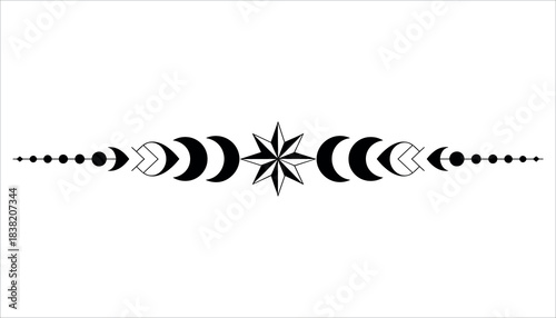 Black celestial divider with moon phases and starburst on white background border separator