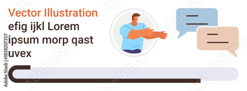 Communication, teamwork, messaging, online chat, social interaction, virtual discussion. Person gesturing with floating speech bubbles. Communication and teamwork concept