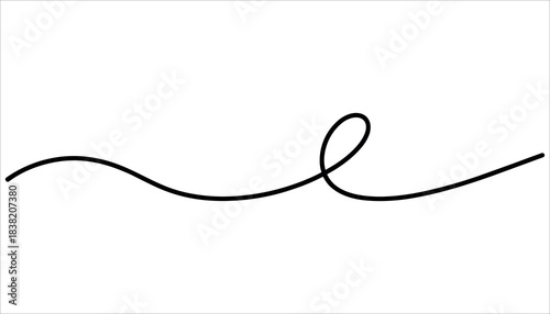 Black curved line with loop on white background abstract blank