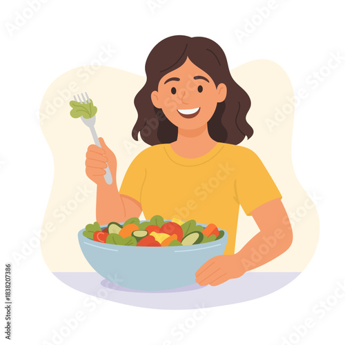 Woman eating fresh salad with happy smile creates healthy lifestyle vibe, vibrant food scene promoting mindful nutrition, balanced meals, and everyday wellness motivation.