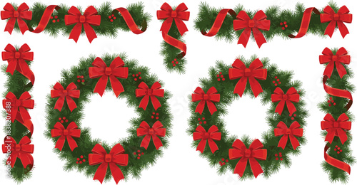 Christmas wreath typography word design with festive garlands, red bows, pine leaves, and holiday decorations for winter celebrations and seasonal greeting artwork.