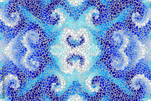 Trencadis wall texture. Bright blue abstract mosaic seamless pattern. Vector background. Endless texture. Ceramic tile fragments.