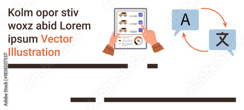 Language learning, translation services, globalization, surveys, digital tools, communication. Tablet showing survey form and translation icons in speech bubbles. Language learning and translation