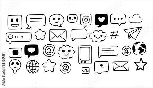 Collection of hand drawn black and white social media and communication icons speech bubble chat icon