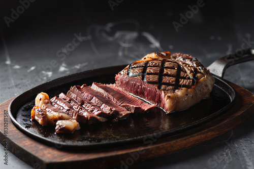 steak, grilled meat, beef, juicy steak, gourmet, food photography, restaurant, carne, parrilla, carne asada, premium food, dark background, smoke, vapor, dramatic light, protein, dinner, cuisine, cook