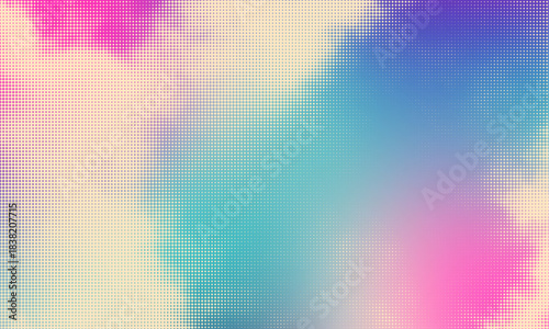 Abstract Halftone Clouds on gradient blur background in Teal and Magenta colors. Imitation of retro image photo. Vector illustration