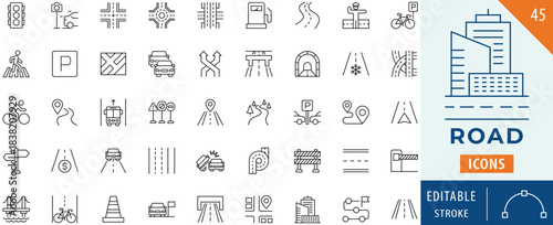 Road icon collection set. Editable stroke.