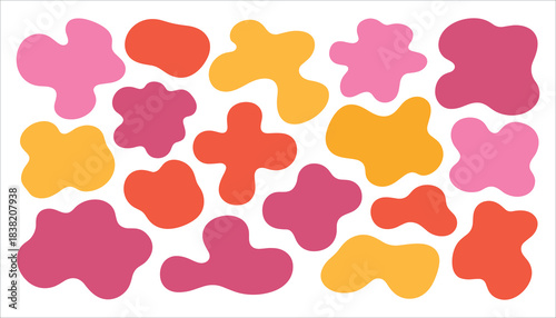 Organic blob shapes in pink orange and yellow scattered on white background abstract splash