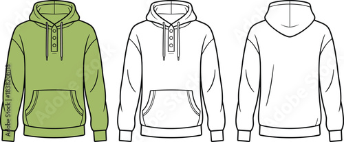 Hoodie Fashion Flat Sketch with Green Color Option and Front Back Views Keywords: fashion, sketch, flat, drawing, template, apparel