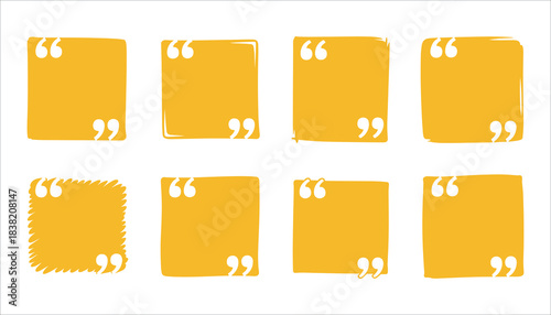 Eight yellow speech bubble shapes with white quotation marks on white background quote text box