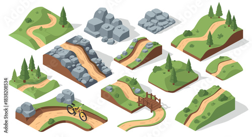 Isometric nature trails with biking paths and rocky landscapes