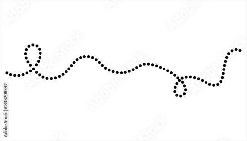 Black dots forming a wavy line and a loop on a white background abstract