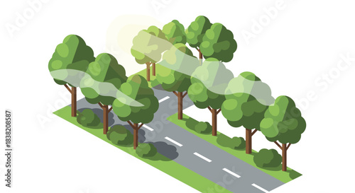 Isometric green trees with road and foliage in sunlight