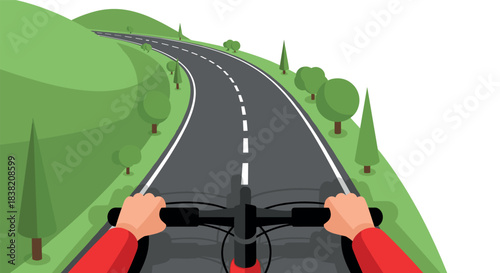 Cyclist's perspective on curved road through lush green hills