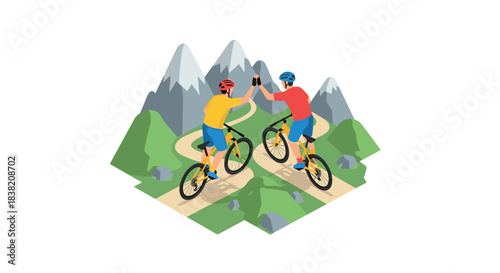 Cyclists celebrate victory on scenic mountain trail in isometric style