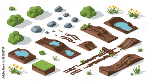 Isometric landscape elements set with terrain, rocks, and plants for game design
