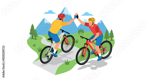 Cyclists celebrating high five on mountain path in vibrant nature scene