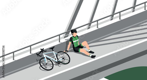 Cyclist in relaxed pose resting on bridge with bicycle in modern isometric art style