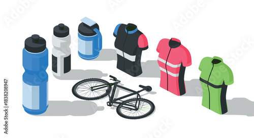 Cycling gear and water bottles in isometric style with colorful jerseys and bicycle